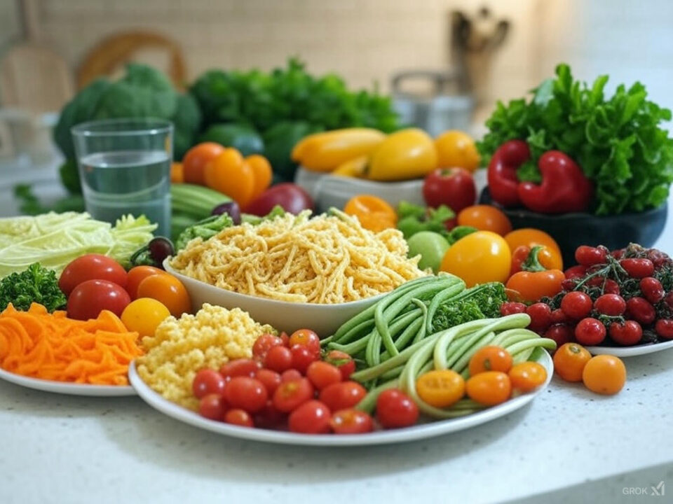 frutta e verdura insieme a cereali integrali per una dieta equilibrata